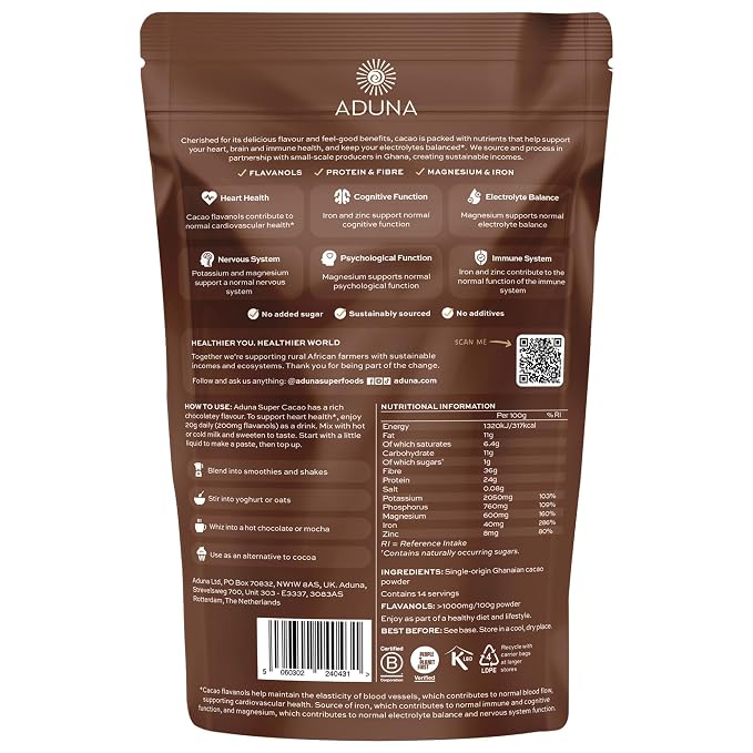 Aduna Super-Cacao Powder | 100% Natural Ghanaian Cacao for Heart Health & Energy Support | Natural Vegan Source of Magnesium, Flavanols & Iron | Superfood for Hot Chocolate, Smoothies, & Baking | 275g