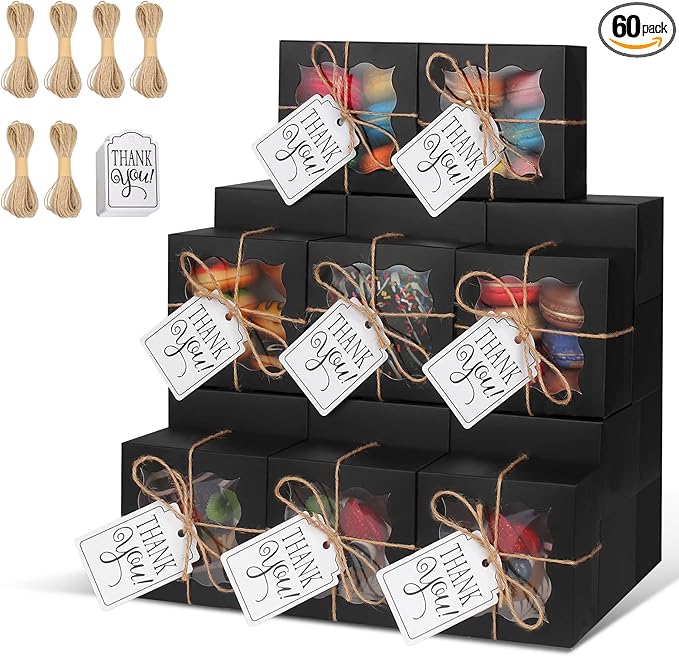 KPOSIYA 60 Pcs Black Bakery Boxes with Window - 4x4x2.5 Inch Individual Cupcake Boxes - Kraft Paper Black Gift Box for Pastries, Cookies, Pie, Donuts, Macaroon