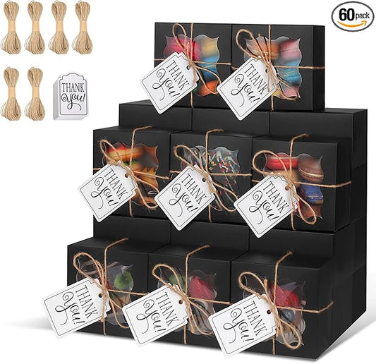 KPOSIYA 60 Pcs Black Bakery Boxes with Window - 4x4x2.5 Inch Individual Cupcake Boxes - Kraft Paper Black Gift Box for Pastries, Cookies, Pie, Donuts, Macaroon