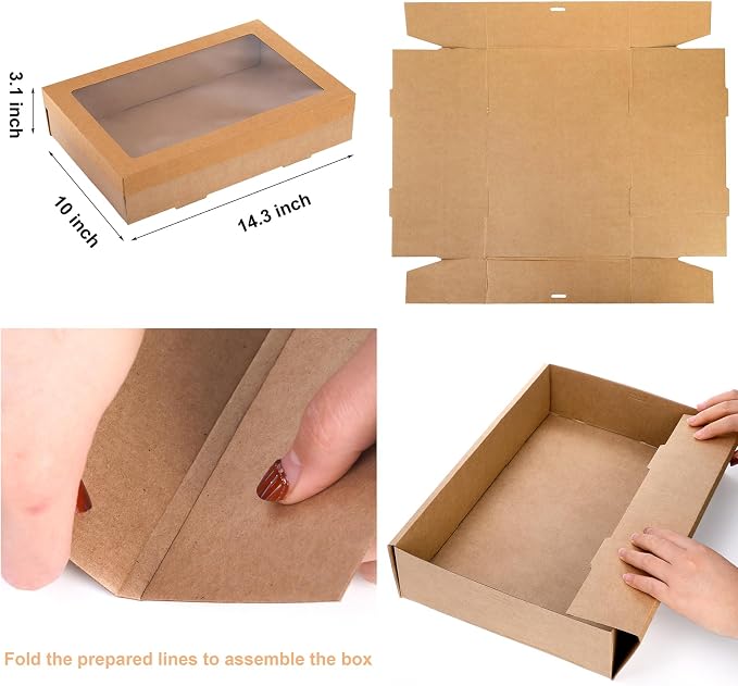 yarlung Set of 10 Kraft Bakery Box with Clear Window Lid, 14"x10"x3" Foldable Brown Paperboard Food Wrapping Tray with Greaseproof Paper for Cookies, Donuts, Pies, Picnic, Gift Packaging Ribbon