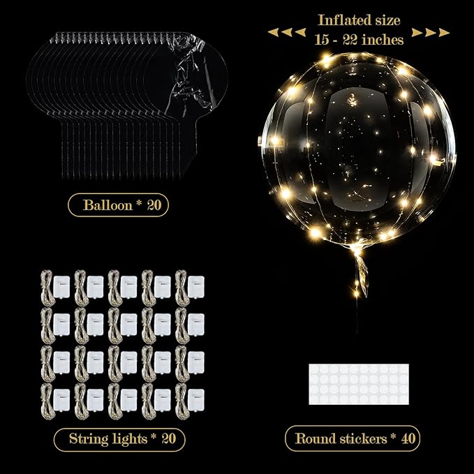 LED Light Up Balloons 20 Pack – 22" Clear Bobo Balloons with 10ft Warm White LED String Lights, 3 Light Modes, Batteries Included – Perfect for Parties, Birthdays, Weddings & Events