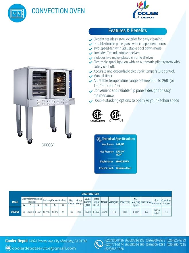 Commercial Convection Oven, Natural Gas, 54000 BTU, Single Deck, Four Legs, Restaurant Kitchen Bakery DCCOG1