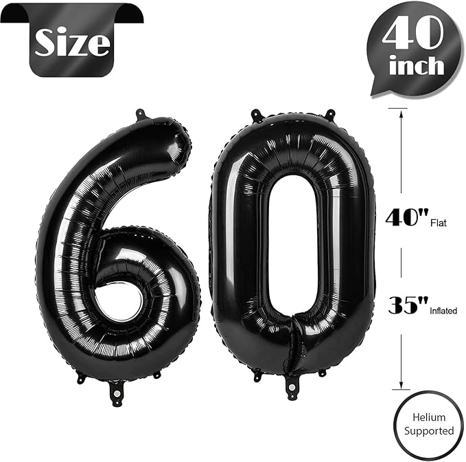 Black Number 60 Balloon 40 Inch, 60th Birthday Party Decorations for Children, Giant 60 Foil Balloon for Party Supplies