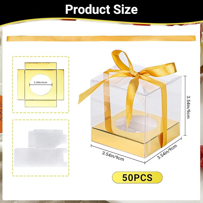 EUSOAR Disposable Clear Cupcake Containers, 50pcs 3.5 Inch Plastic Individual Cupcake Carrier with Ribbon and Inserts, Single Transparent Cupcake Holder with Lids Storage for Cake Dessert-Gold