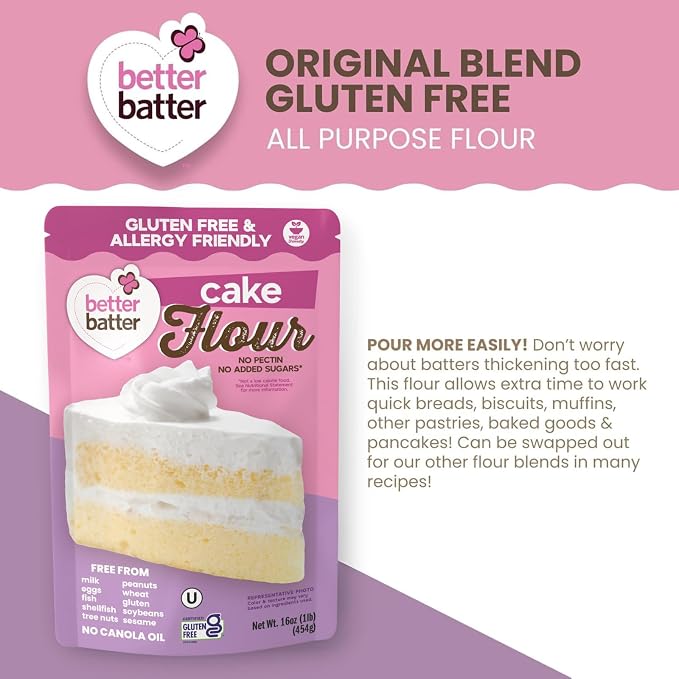 Better Batter Gluten-Free Cake Flour 1LB – Certified GF, Top 9 Allergen-Free, Vegan & Kosher Baking Mix – Premium Blend for Cakes, Quick Breads, Pancakes & Waffles – Smooth Texture, Rich Flavor, Safe for All Diets