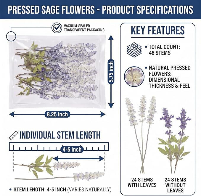 48 Pcs Natural Dried Pressed Garden Sage Flowers for Cake Decorating, Real Dry Flower for Resin Jewelry Making, DIY Bookmarks Art Crafts(Garden Sage)
