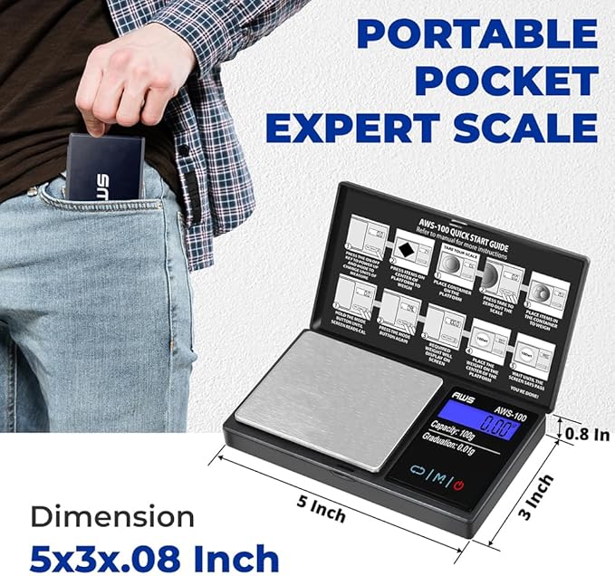 American Weigh Scales 100g x 0.01g Digital Pocket Scale | Precision Digital Scale LCD Display Grams Ounces, Jewelry Scale, Small Pocket Food, Electronic Lab Scale (Calibration Weight Included)
