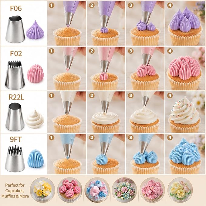 4 Pack Stainless Steel Seamless Piping Icing Tips FO2 FO6 9FT R22L, Large Piping Nozzle, Cake Decorating Tools for Cupcake Baker