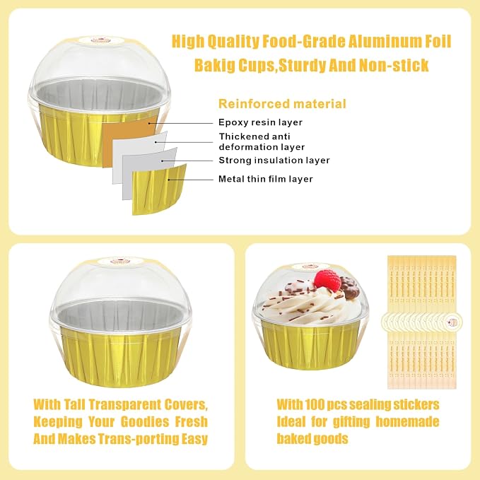 100 Pack 5oz Cupcake Pans with Dome Lids, Disposable Ramekin Cupcake Liners,Reusable Mini Muffin Case Dessert Containers for Birthday Wedding Party (Gold)