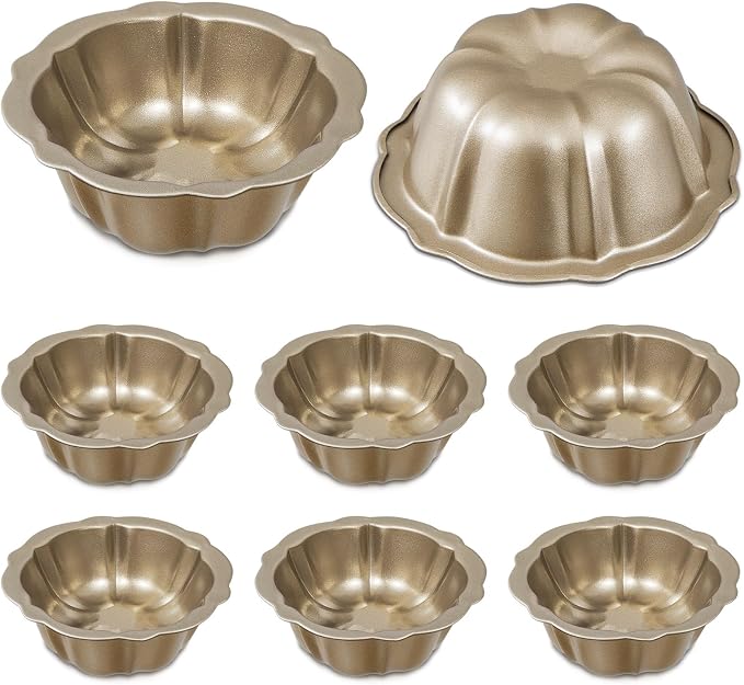 Ctosree 8 Pcs 4 Inches Fluted Mini Cake Pan Nonstick Fluted Cake Pan Carbon Steel Tube Metal Tube Oven Baking Mold with Flower Shape for Cupcake (Gold)