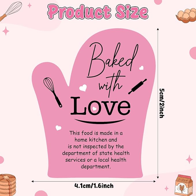 PANTIDE 500 Count Baked with Love Cottage Food Law Labels Stickers (Pink) | Adhesive Oven Mitt Shaped Decal Roll, Made in A Home Kitchen, Inspection Statement Thermal Printed, for Baked Food Packaging
