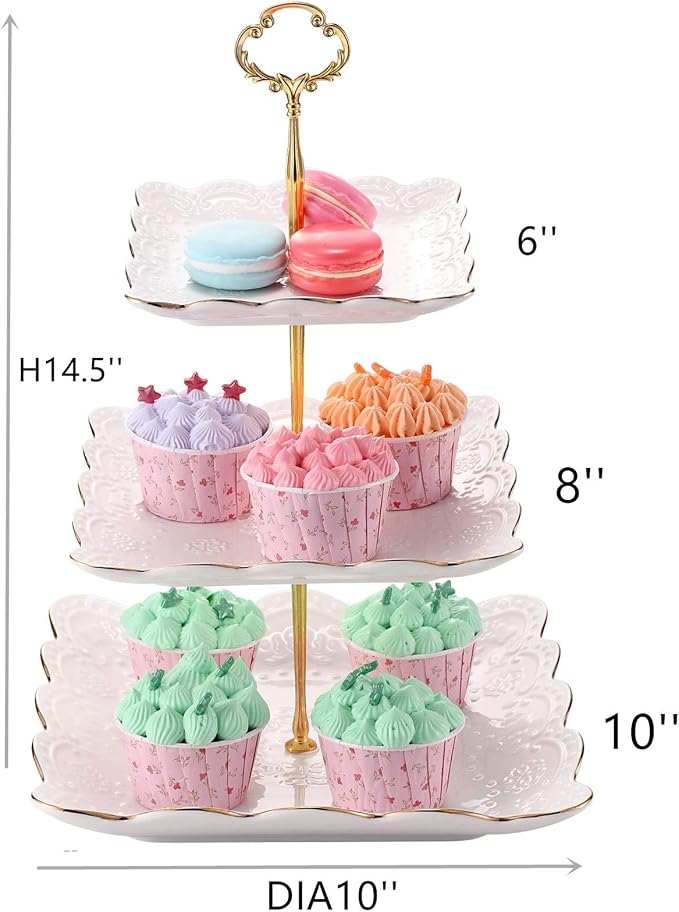 Sumerflos 3-Tier Square Porcelain Cake Stand, White Rimmed with Gold Embossed Cupcake Dessert Stand - Tiered Serving Tray for Tea Party and Show