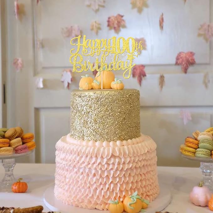 1 PCS Happy 100th Birthday Cake Topper - Gold Glitter Cheers to 100 Years - Fabulous Cake Decoration for 100th Birthday Theme Party