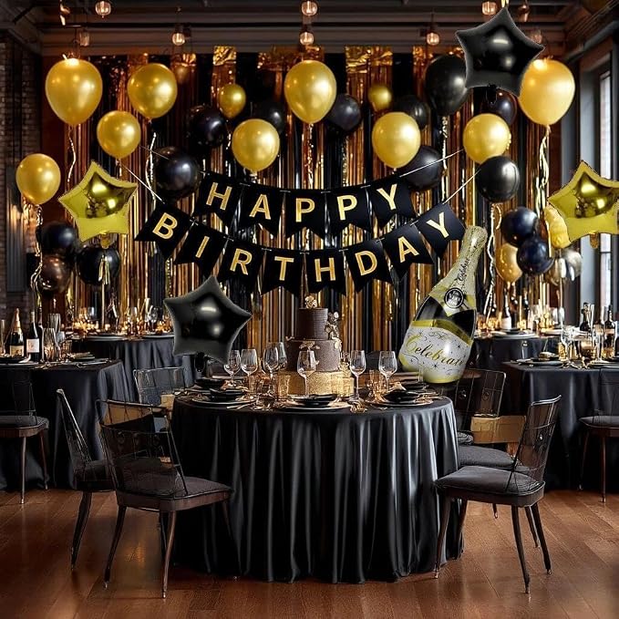 Black Gold Birthday Party Balloon Kit,Happy Birthday Banner Fringe Curtains Gold Black Star Wine Bottle Foil Balloon Garland for Men Women Party Decorations