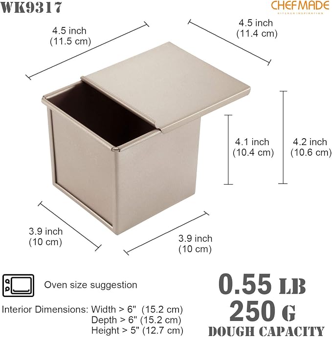 CHEFMADE Mini Pullman Loaf Pan with Lid, 0.55Lb Dough Capacity Non-Stick Rectangle Flat Toast Box for Oven Baking 4" x 4"x 3.9"(Champagne Gold)