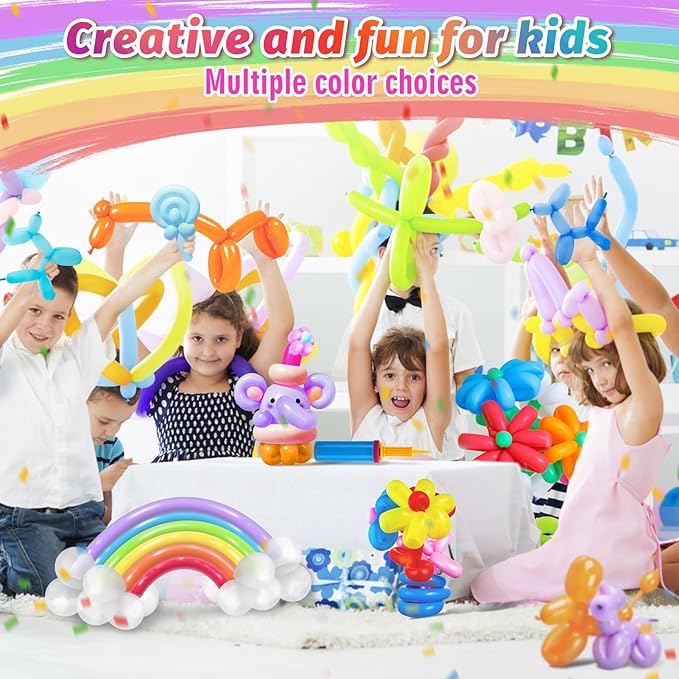 100 Pcs 260 Balloons Kit with Pump - Kids Premium Latex Twisting Long Balloons to Make Animals Flowers, Fun Rainbow Balloons for Party Boys Girls Birthday Gifts Clowns Wedding Decor