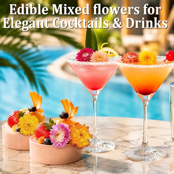 130+ Edible Dried Mixed Flowers for Cake Decorations - Food Grade Natural Color Strawflower, Dried Flower for Drink Toppers, Cocktail Garnish, Cupcakes & DIY Crafts