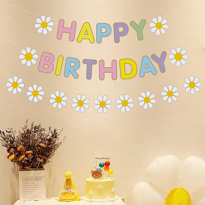 Zwiebeco Macaron Daisy Flower Happy Birthday Party Decoration Sign Banner Bunting Garland Hanging Paper Kit for Kids Adults Groovy Hippie Theme Accessories Supplies