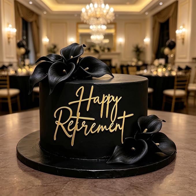 Happy Retirement Cake Topper, Gold Acrylic Officially Retired Cake Topper Cake Charm Decor, No Work Zone, Retirement Theme Party Cake Decoration Supplies for Women or Men, 5.1x4.0 Inches