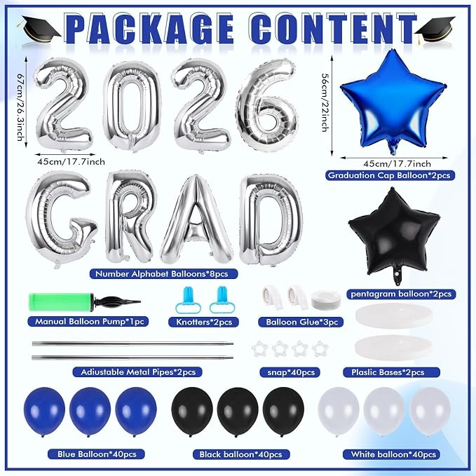2 Sets Graduation Balloon Column Stand Kits with Balloons 2026 Grad Themed Decoration Navy Blue Balloon Tower Stand Kit for Grad High School & College Celebration Party Decor