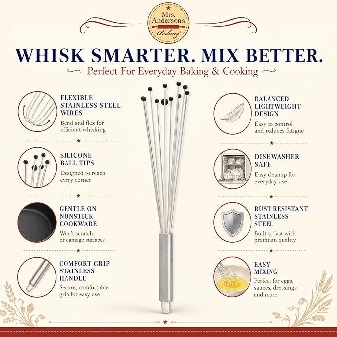 Mrs. Anderson's Baking Nonstick Ball Whisk, Stainless Steel With Silicone Tips, Flexible Wire Design For Whisking Eggs, Sauces, Dressings, And Desserts