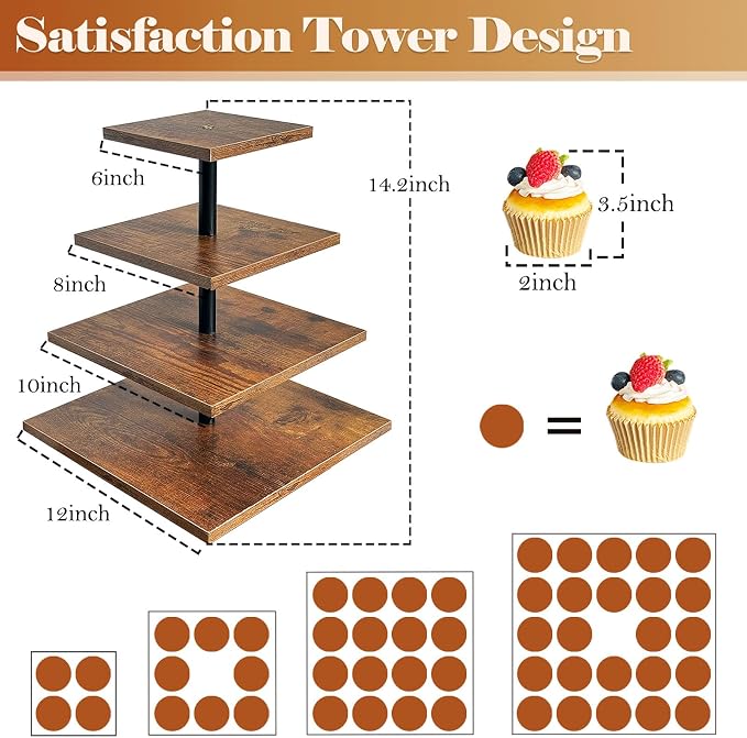 4 Tier Cupcake Stand, Wooden Cupcake Holder Stand for 50 Cupcakes Rustic Cupcake Display Stand for Wedding, Birthday