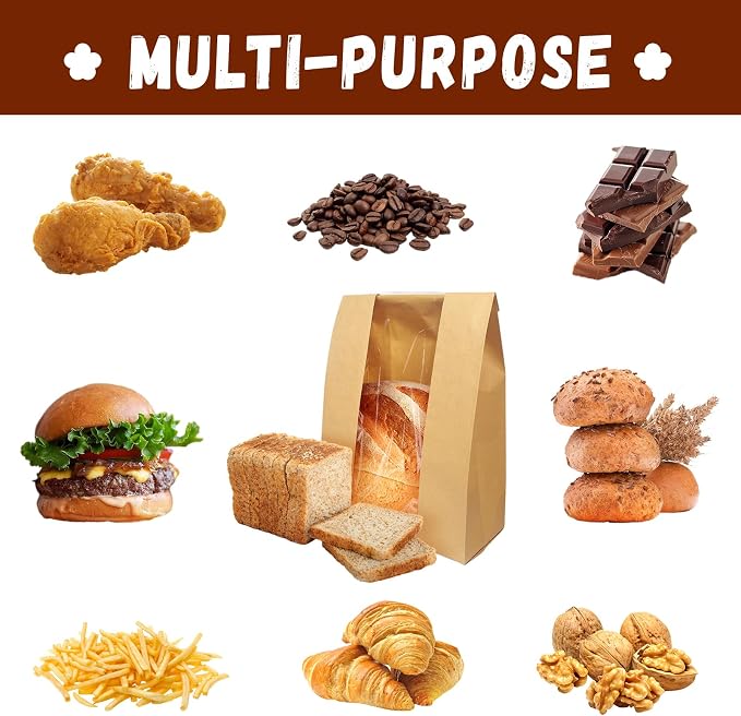 30 Pack Large Bread Bags for Homemade Sourdough Bread - Kraft Paper Storage Bakery Bags with Clear Window Bonus 50 Seal Stickers for Sourdough Sandwich (13.7x8.2x3.5 Inches, Brown)