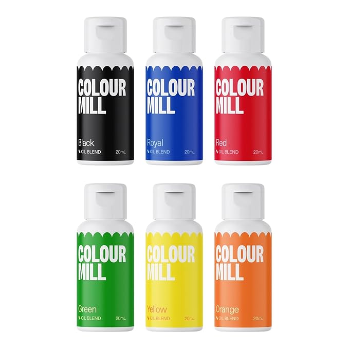 Colour Mill Oil Blend Food Coloring, Primary Pack - 20 Milliliters Each of 6 Colors: Black, Green, Orange, Red, Royal and Yellow