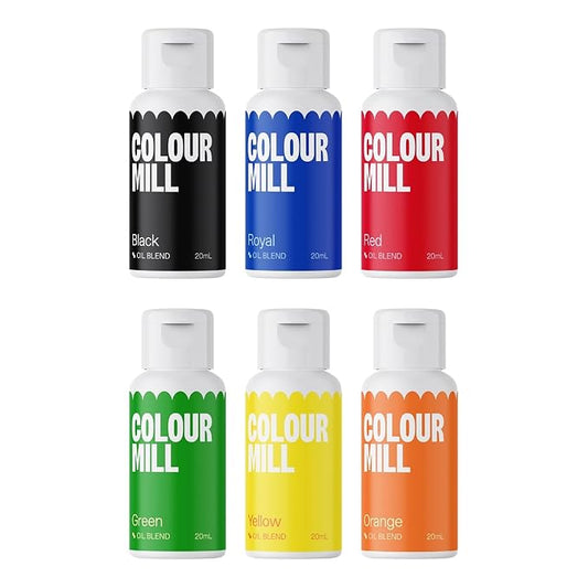 Colour Mill Oil Blend Food Coloring, Primary Pack - 20 Milliliters Each of 6 Colors: Black, Green, Orange, Red, Royal and Yellow