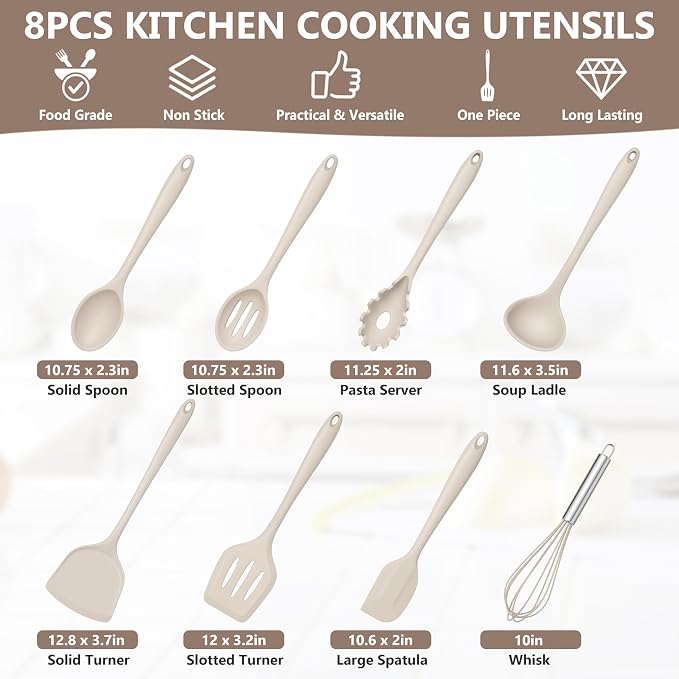 TeamFar Silicone Cooking Utensils Set, 8 PCS Kitchen Utensils Set, 446°F Heat Resistant, Turner, Spatula, Spoon, Whisk, Kitchen Cooking Gadgets Tools for Nonstick Cookware, Dishwasher Safe-Khaki