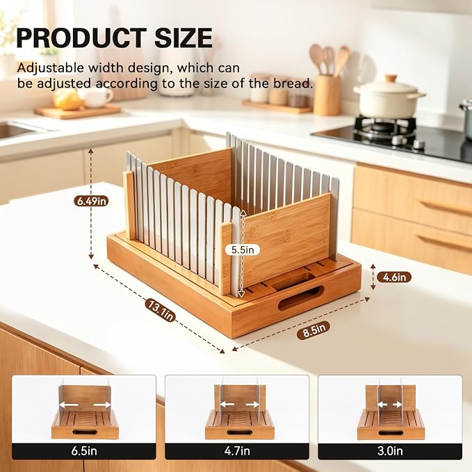 Bread Slicer for Homemade Bread - Bread Cutter Board with Adjustable Width Stainless Steel Slicing Guides & Crumb Tray, Bread Cutter for Sourdough, Bagel, Loaves (Bamboo+Stainless steel)