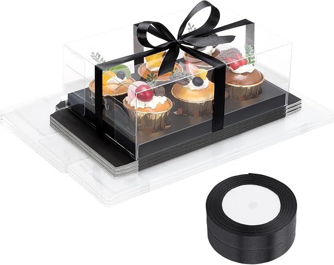 EUSOAR Cupcake Boxes, 18 Pack Black Plastic Bakery Mini Cake Pastry Containers 6 Count with Gift Ribbon, Rectangle Dessert Muffins Holder Disposable Cake Carrier for Wedding Party Favor Supplies