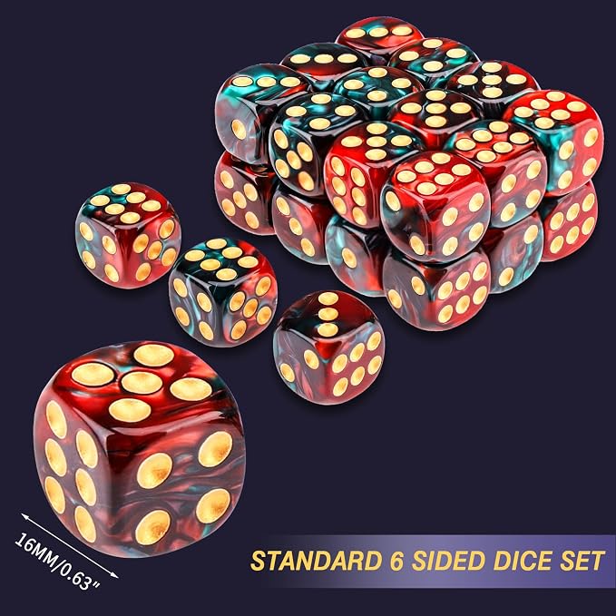 24 of Pack 16MM 6 Sided Dice Set,Two Colours D6 Game Dice Set, 6 Sided Standard Dices for Yahtzee, Bunco or Teaching Math,with Portable Dice Pouch(Red and Green)