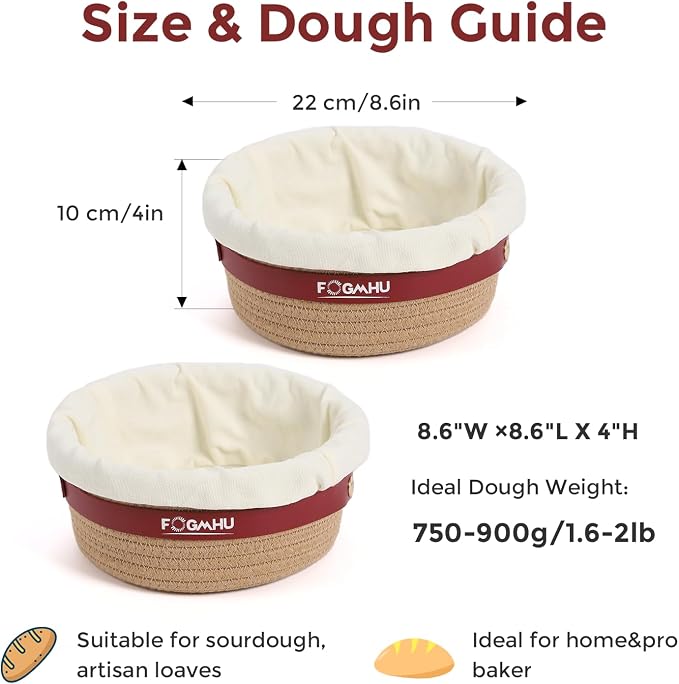 2-Pack Banneton Bread Proofing Baskets – Sourdough Starter Kit for Home Bakers, Cotton Rope Bannetons with Liners, Hanging Hooks, Dough Guide (9" Round)