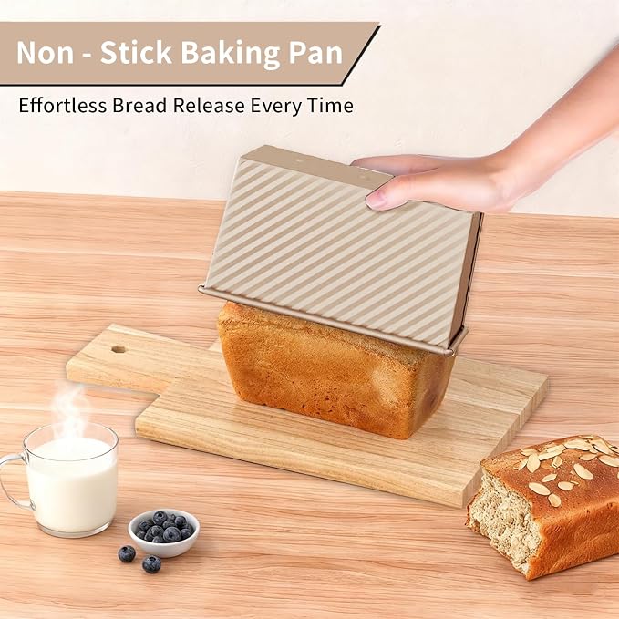Pullman Loaf Pan with Lid 2 Pack, 8x4 Inch Bread Pans for Baking, Nonstick Square Toast Mold with Bottom Vents, Professional Sandwich Bread Pan for Sourdough, 1LB Carbon Steel Baking Pans