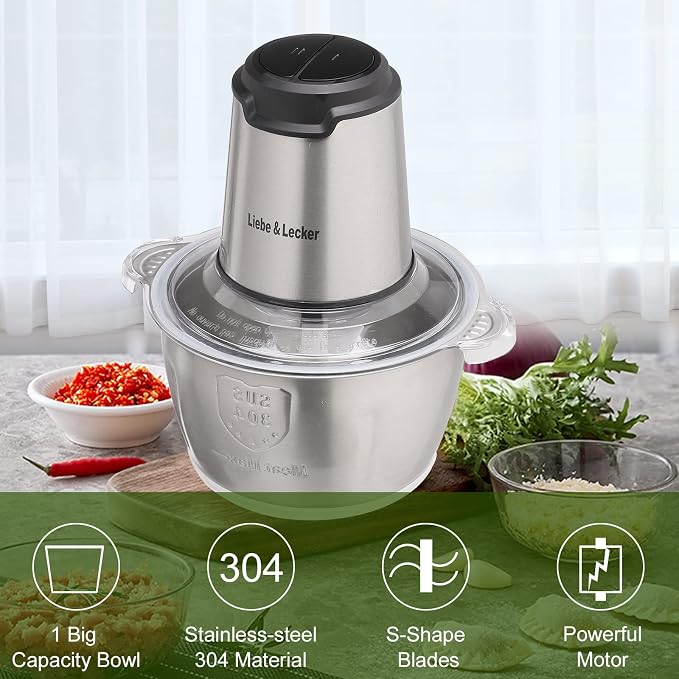 Liebe&Lecker Electric Food Chopper, 350W Food Processor with 8-Cup Bowl | Stainless Steel Meat Grinder with 4 Sharp Blades, 2 Speeds Mincer for Vegetables, Nuts, Homemade Puree Recipes, Zero BPA