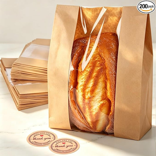 200 Pcs Bread Bags for Homemade Bread, Sourdough Bread Bags With Clear Window, 13.7x8.2x3.7in Large Thicker Bakery Bags Used for Storage Loaves Cookies Candy Snacks, 210 Cute Sealing Stickers