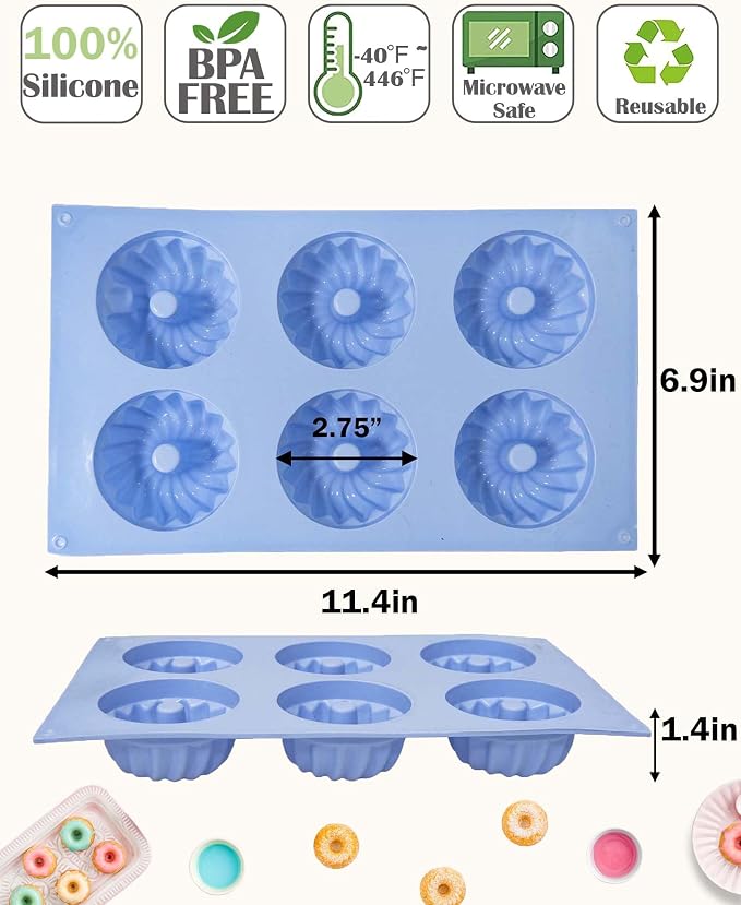 LGQUK Jello Molds 3pcs Silicone Fluted Tube Cake Pans, 6-Cavity Non Stick Silicone Baking Molds for Cupcake, Donuts,Muffin, Cornbread, Brownie, Jellies (Purple+Blue+Pink, Fluted Tube)