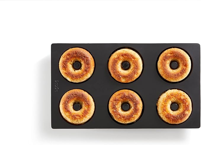 Lékué Platinum Silicone Donut Mold | 6 Non-Stick Holes For Baking - No Grease Needed | Pop-Out Oven Cake Molds | Heat-Resistant, Freezer Safe, Microwave Safe, Dishwasher Safe | Black