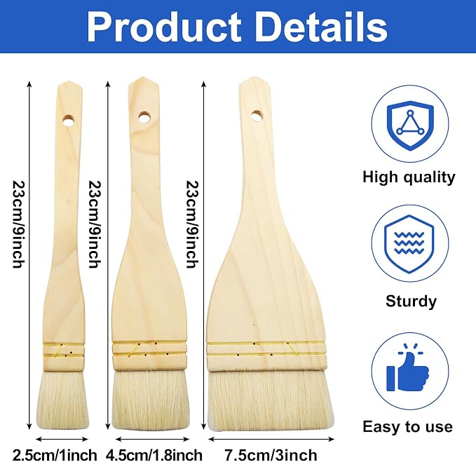6Pcs Flat Hake Brushes, Sheep Hair Bristles, Paint Brush Set for Watercolor, Wash, Pottery Painting - Baking Pastry Brush & BBQ Grill Brush for Kitchen (1/2/3 Inch)