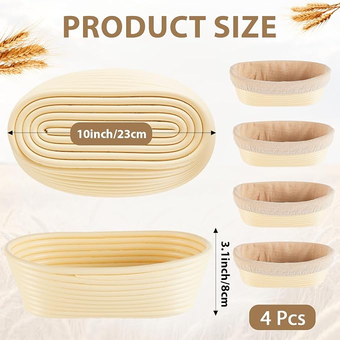 4 Pack Banneton Bread Proofing Basket 10 Inch Oval Rattan Banneton Baskets with Linen Liner Cloth Sourdough Basket Dough Proofing Basket for Professional & Home Sourdough Bread Baking