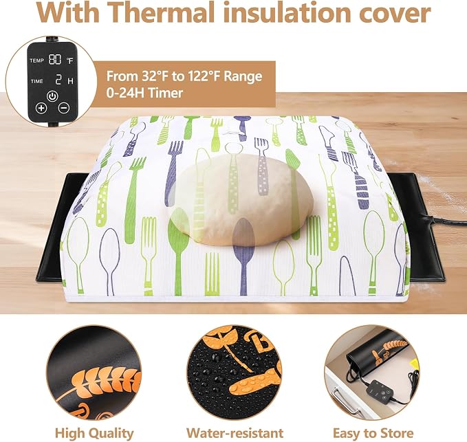 Yinsun Sourdough Warmer Bread Proofer with 24H Timer and Insulating Cover, 32°F - 122°F Adjustable Sourdough Warming Mat, Sourdough Starter Kit for Home Baker with Dough Scraper & Whisk