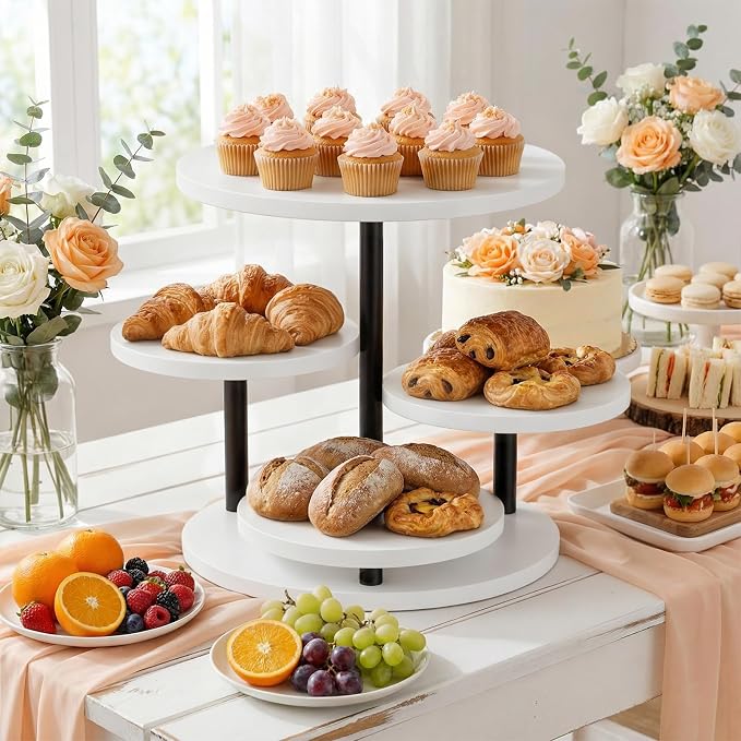 Dessert Stands for 50 Cupcakes 360°Rotating Wood Cupcake Stands Wedding Cake Stand 4 Tiered Cookie Serving Trays for Party Birthday Baby shower Afternoon Tea Dessert Table, White