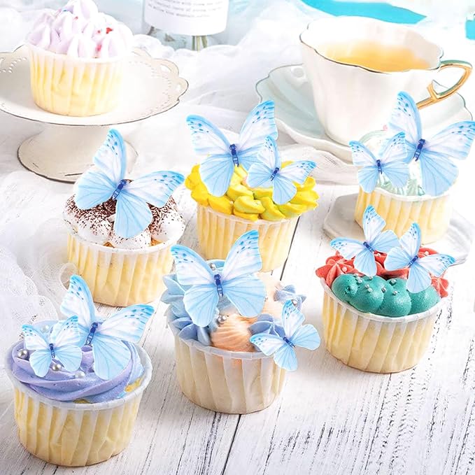 60Pcs Edible Butterfly Cupcake Toppers Blue Butterflies Cupcake Picks Drink Toppers for Butterfly Theme Baby Shower Girls Boys Birthday Party Birdal Shower Engagement Wedding Party Decorations
