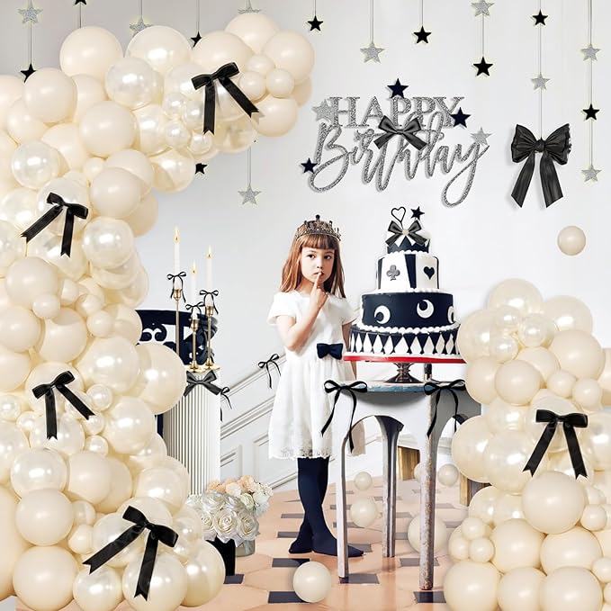 White Sand Balloon Arch Kit 141 Pcs Pearl White Balloons Garland Arch Kit Sand White Balloons and Black Bow for Coquette Birthday Wedding Baby Shower Bridal Shower Balloon Arch Decorations