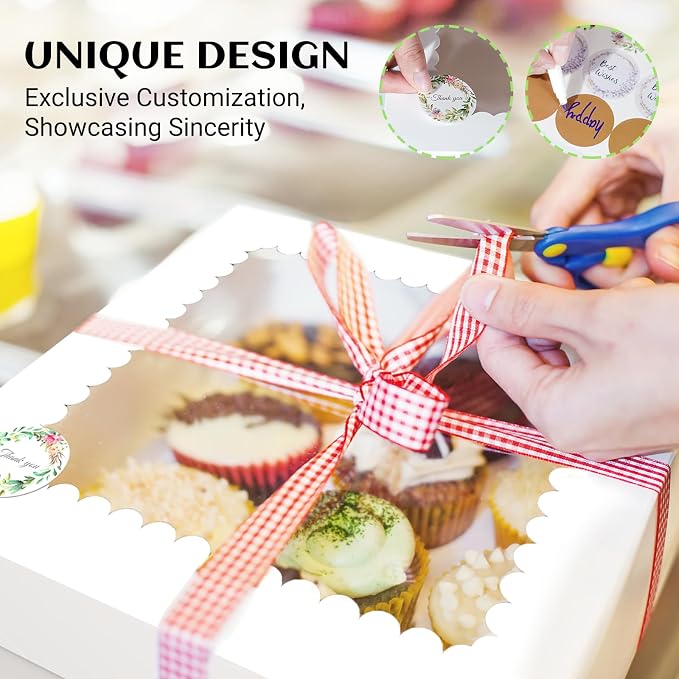 TLAZZ 15 Pcs 10x10x8 Inch Tall Cake Boxes with Window, White Square Cheesecake Bakery Boxes, Large Cardboard Cake Baking Boxes with 90 Stickers for Cakes, Pies, Wedding, Birthday Party