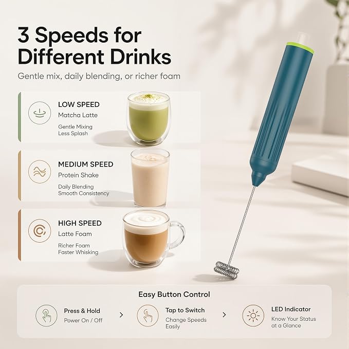 Milk Frother Handheld with 3 Stainless Steel Whisks, Rechargeable Electric Drink Mixer with Stand & Travel Case, Milk Foamer for Coffee, Latte, Cappuccino, Hot Chocolate, Egg,Jam Supplement-Green
