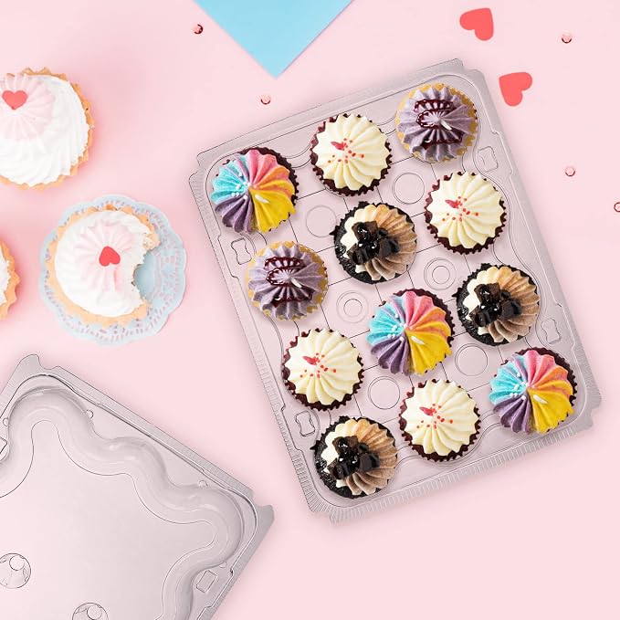 AVLA 24 Pack Mini Cupcake Containers, 12-Count Plastic Cupcake Carrier, Stackable Cupcake Box with Detachable Secure High Top Lid, Disposable Cupcake Holder Tray, Muffin Packaging Transporter To Go