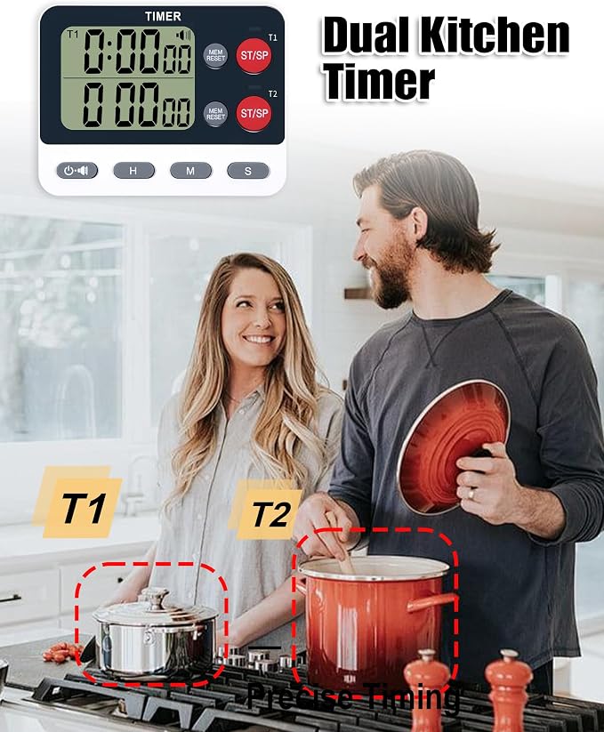 TPNEG Dual Kitchen Timer Digital - Large Display, Easy to Use and Read, Cooking Timer for Kitchen with Alarm, Magnetic Back, Loud & Silent and Count Up/Countdown Modes, Replaceable AAA Battery