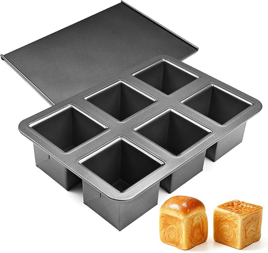 6-Cavity Mini Pullman Loaf Pan with Lid, Mini Loaf Pan 2.4 x 2.4 x 2.4 inch Square Bread Baking Mold, Nonstick Heavy Duty Carbon Steel Toast Box with Cover for Homemade Sandwich, Milk Bread, Meatloaf